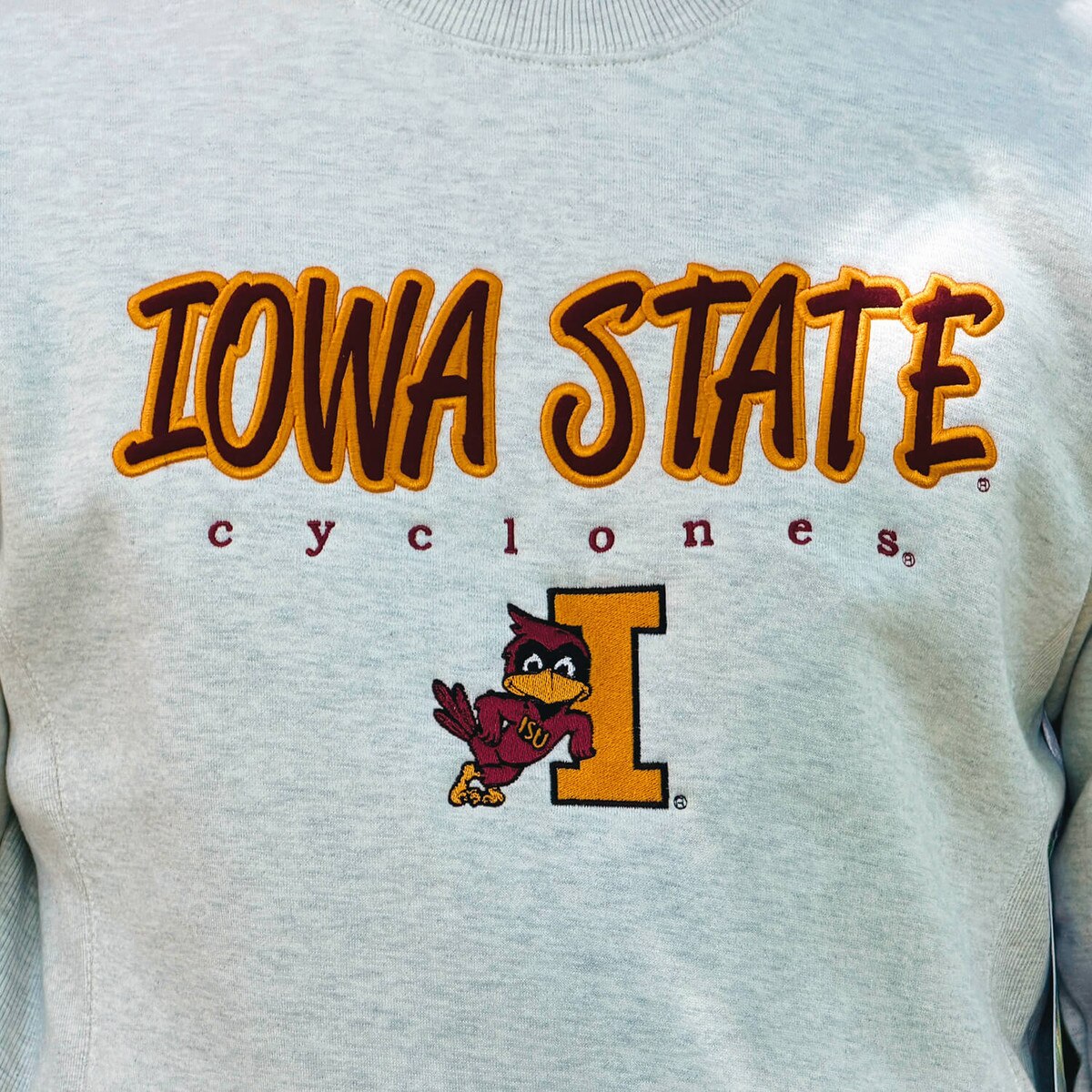 CI Sport Iowa State Cyclones Leaning Cy Oatmeal HW Crewneck Sweatshirt design close up